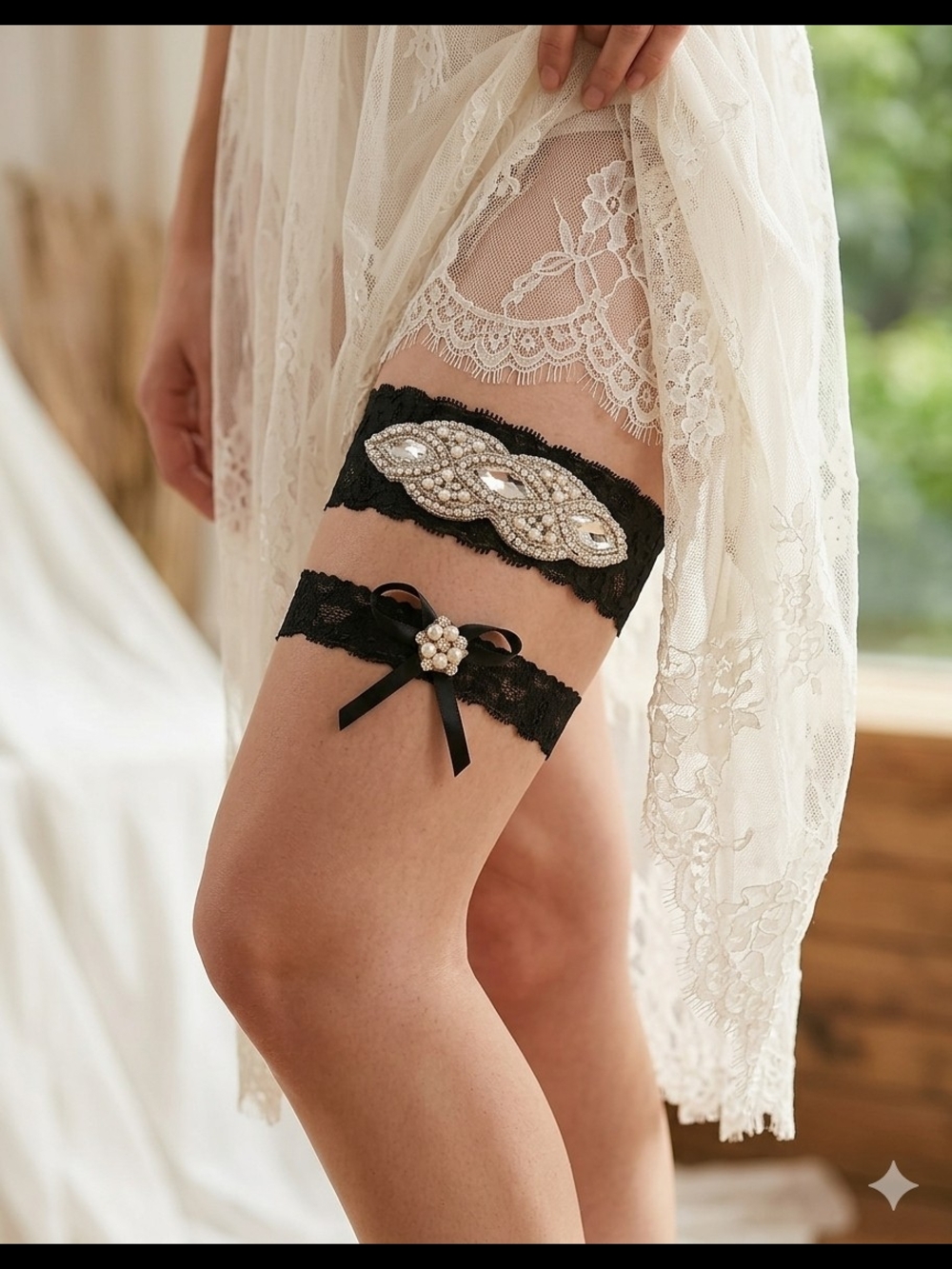 Icing Black Lace Garter Set with Pearl & Rhinestone Details